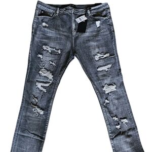 Men’s Slim Taper Fit Distressed Black/Gray Denim Jeans Size 42x32